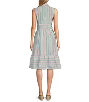 Jones New York Sleeveless Point Collar Tie Front Midi Shirt Dress