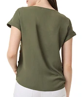 Jones New York Solid Jasper Crepe Boat Neck Short Roll-Tab Sleeves Top