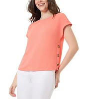 Jones New York Solid Jasper Crepe Boat Neck Short Roll-Tab Sleeves Top