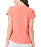 Jones New York Solid Jasper Crepe Boat Neck Short Roll-Tab Sleeves Top