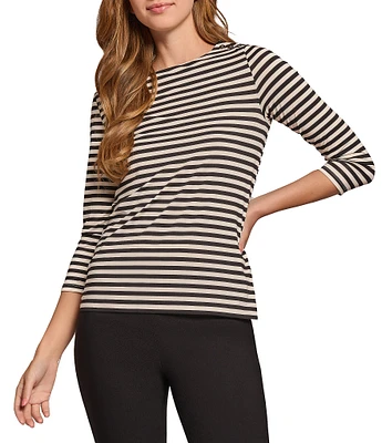 Jones New York Spandex Jersey Stripe Printed Shoulder-Button Boat Neck 3/4 Sleeve Top