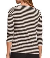 Jones New York Spandex Jersey Stripe Printed Shoulder-Button Boat Neck 3/4 Sleeve Top