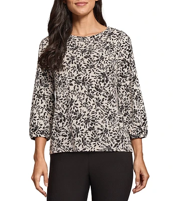 Jones New York Stretch Crepe Printed Crew Neckline 3/4 Sleeve Blouse