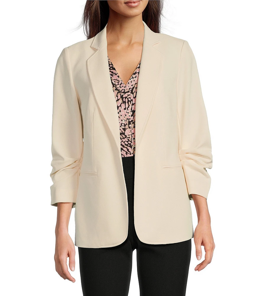 Jones New York Stretch Twill Notch Lapel Scrunch Sleeve Open Front Jacket