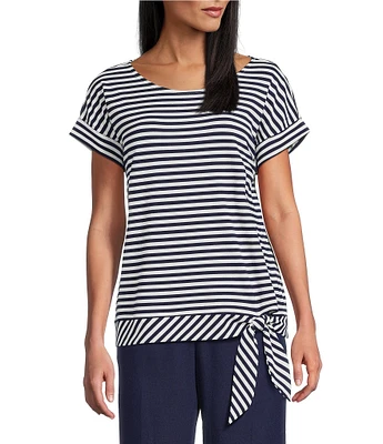 Jones New York Stripe Dolman Sleeve Crew Neck Side Tie Shirt