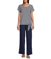 Jones New York Stripe Dolman Sleeve Crew Neck Side Tie Shirt