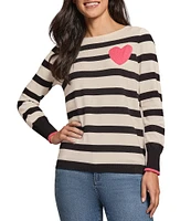 Jones New York Striped Heart Boat Neck Long Sleeve Knit Top