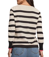 Jones New York Striped Heart Boat Neck Long Sleeve Knit Top