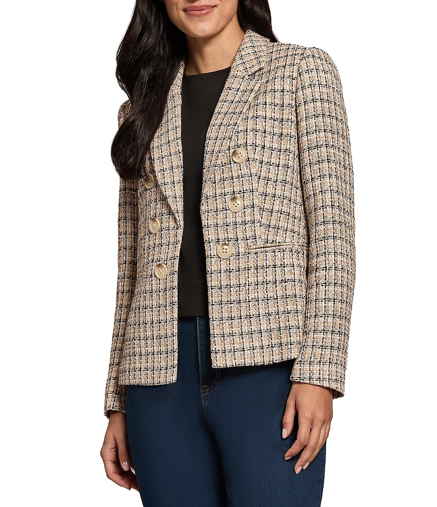 Jones New York Tweed Faux Double-Breasted Notch Lapel Open-Front Jacket