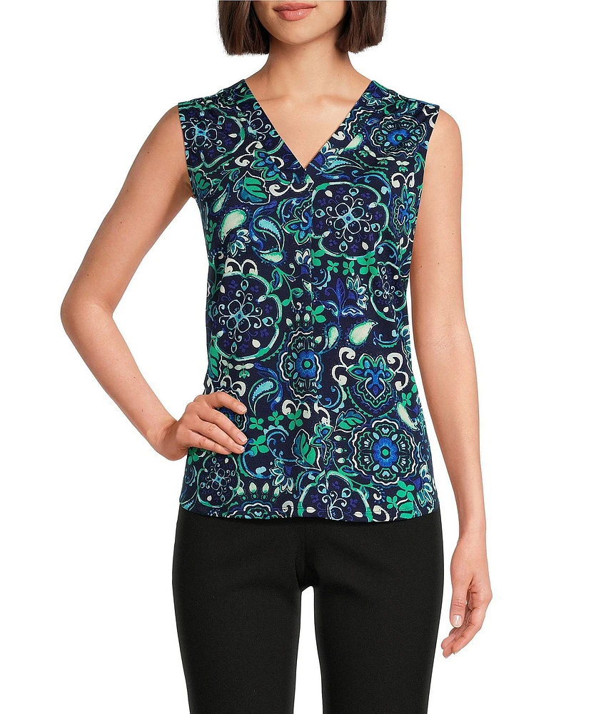 Jones New York V-Neck Short Sleeve Pleat Front Shell