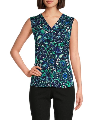 Jones New York V-Neck Short Sleeve Pleat Front Shell