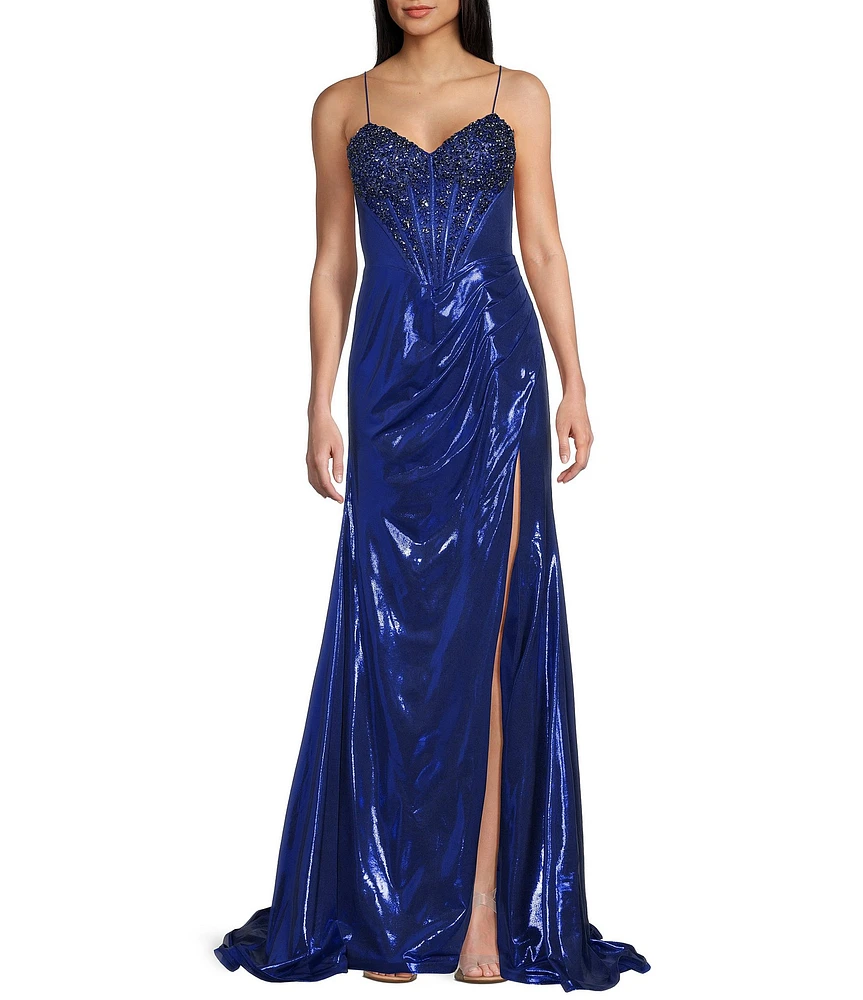 Jovani Metallic Sweetheart Neck Fitted Corset Beaded Bodice Side Slit Dress