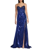 Jovani Metallic Sweetheart Neck Fitted Corset Beaded Bodice Side Slit Dress