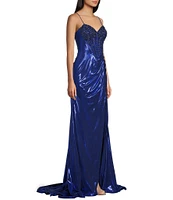 Jovani Metallic Sweetheart Neck Fitted Corset Beaded Bodice Side Slit Dress