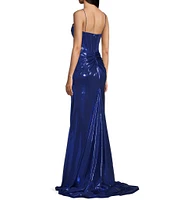 Jovani Metallic Sweetheart Neck Fitted Corset Beaded Bodice Side Slit Dress