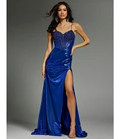 Jovani Metallic Sweetheart Neck Fitted Corset Beaded Bodice Side Slit Dress