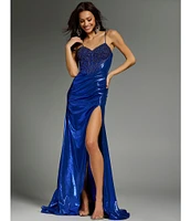 Jovani Metallic Sweetheart Neck Fitted Corset Beaded Bodice Side Slit Dress
