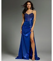 Jovani Metallic Sweetheart Neck Fitted Corset Beaded Bodice Side Slit Dress