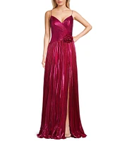 Jovani Metallic V-Neck Spaghetti Strap Pleated A-Line Gown