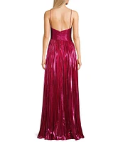 Jovani Metallic V-Neck Spaghetti Strap Pleated A-Line Gown