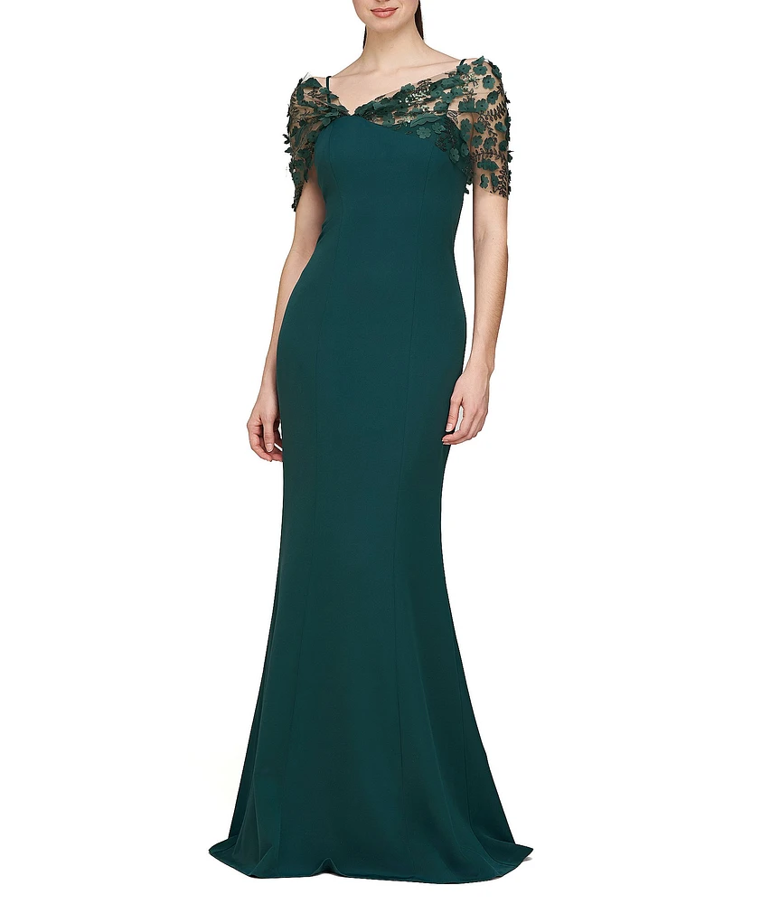 JS Collections 3D Applique Asymmetrical Neck Crepe Mermaid Gown