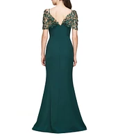 JS Collections 3D Applique Asymmetrical Neck Crepe Mermaid Gown