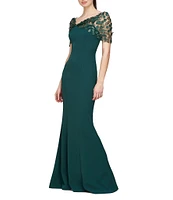 JS Collections 3D Applique Asymmetrical Neck Crepe Mermaid Gown