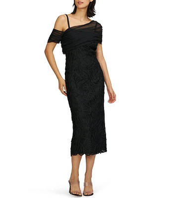 JS Collections Addilyn Asymmetrical One Shoulder Soutache Mesh Sheath Midi Dress