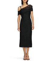 JS Collections Addilyn Asymmetrical One Shoulder Soutache Mesh Sheath Midi Dress