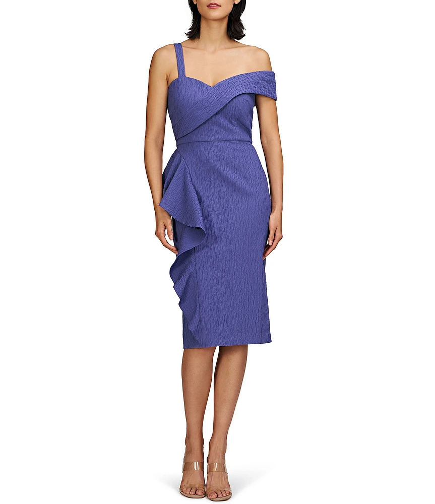 JS Collections Aerith Asymmetrical Sweetheart Neck One Sleeve Ruffle Front Stretch Jacquard Sheath Dress