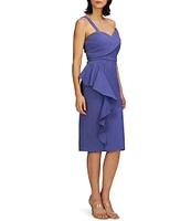 JS Collections Aerith Asymmetrical Sweetheart Neck One Sleeve Ruffle Front Stretch Jacquard Sheath Dress