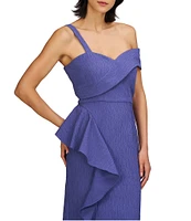 JS Collections Aerith Asymmetrical Sweetheart Neck One Sleeve Ruffle Front Stretch Jacquard Sheath Dress