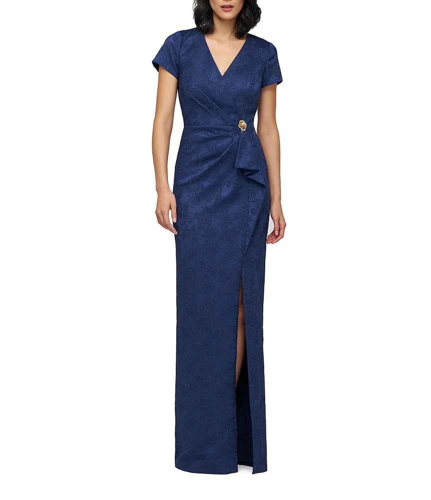 JS Collections Aidy V-Neck Short Sleeve Ruffle Front Stretch Jacquard Column Gown