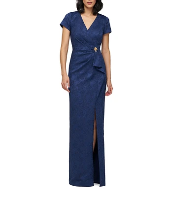 JS Collections Aidy V-Neck Short Sleeve Ruffle Front Stretch Jacquard Column Gown
