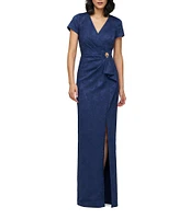 JS Collections Aidy V-Neck Short Sleeve Ruffle Front Stretch Jacquard Column Gown