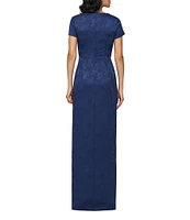 JS Collections Aidy V-Neck Short Sleeve Ruffle Front Stretch Jacquard Column Gown