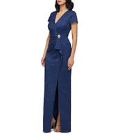 JS Collections Aidy V-Neck Short Sleeve Ruffle Front Stretch Jacquard Column Gown