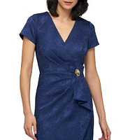 JS Collections Aidy V-Neck Short Sleeve Ruffle Front Stretch Jacquard Column Gown