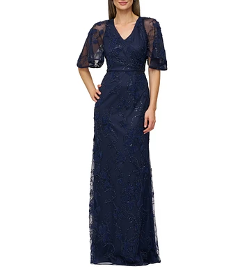 JS Collections Alex Cape Sleeve V-Neck Beaded Pearl Soutache Mesh Sheath Gown