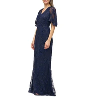 JS Collections Alex Cape Sleeve V-Neck Beaded Pearl Soutache Mesh Sheath Gown
