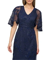 JS Collections Alex Cape Sleeve V-Neck Beaded Pearl Soutache Mesh Sheath Gown