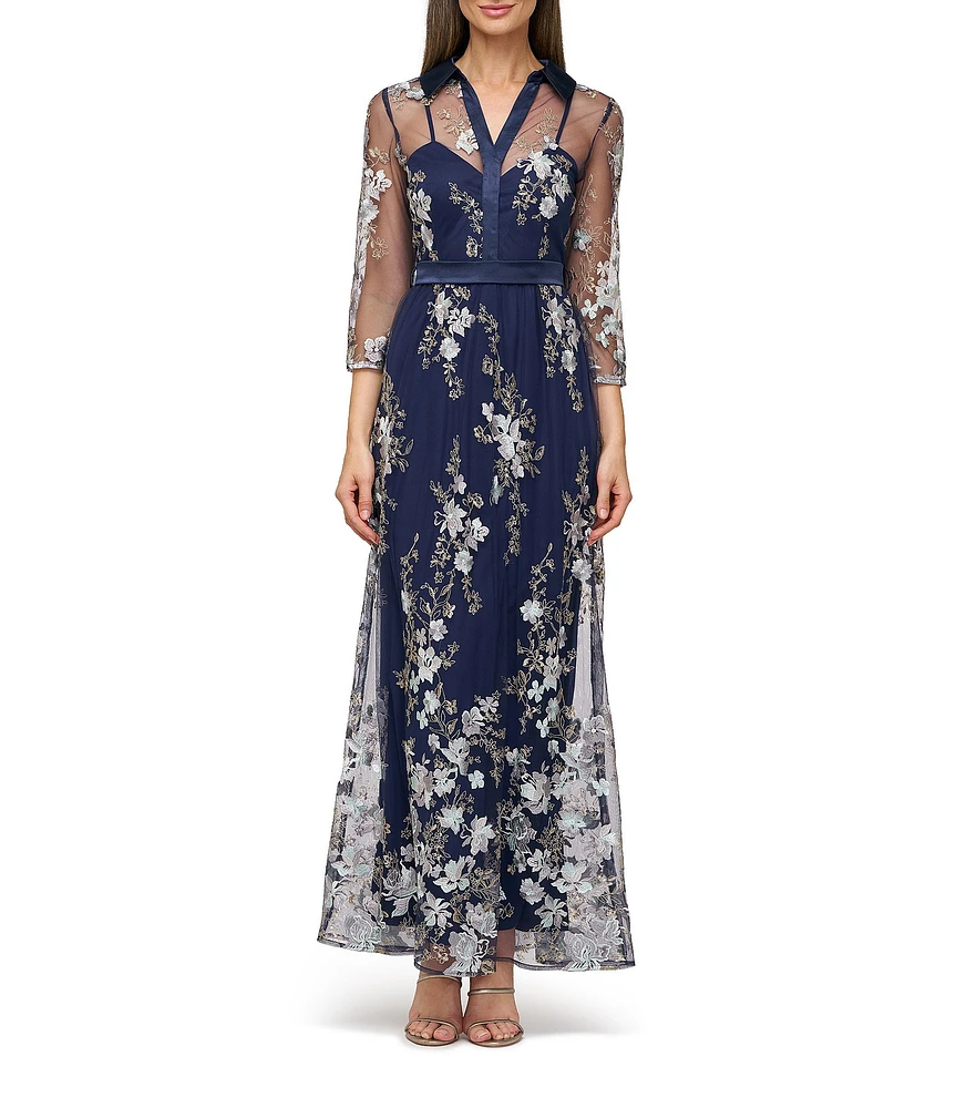 JS Collections Azalea Illusion 3/4 Sleeve Embroidered Mesh Shirtdress
