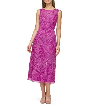 JS Collections Capri V-Back Sleeve Sequin Embroidered Soutache Fit & Flare Midi Dress