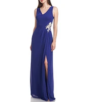 JS Collections Chiffon V-Neck Sleeveless Floral Applique Side Slit Gown