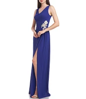 JS Collections Chiffon V-Neck Sleeveless Floral Applique Side Slit Gown