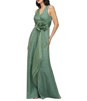 JS Collections Della V-Neck Pleated Bodice 3D Floral Applique Organza Aline Gown