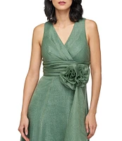 JS Collections Della V-Neck Pleated Bodice 3D Floral Applique Organza Aline Gown