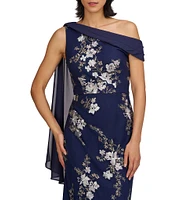JS Collections Elisa Asymmetrical Neck Drape Scarf Shoulder Embroidered Mesh Column Gown