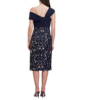 JS Collections Floral Pattern Embroidered Mesh One Shoulder Short Sleeve Asymmetrical Twit Sheath Midi Dress