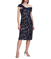 JS Collections Floral Pattern Embroidered Mesh One Shoulder Short Sleeve Asymmetrical Twit Sheath Midi Dress